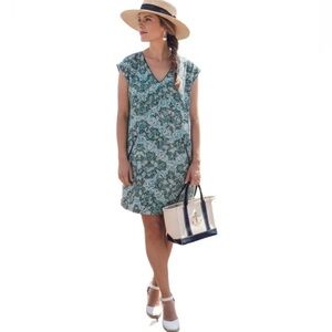 Anthropologie MAEVE Green Blue Snake Print Silk Mini Shift Dress Sz 4 V-Neck